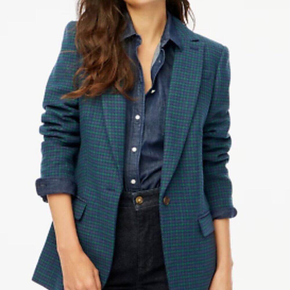 NWT J Crew Factory Relaxed Wool One-button Blazer Green & Blue Size 12